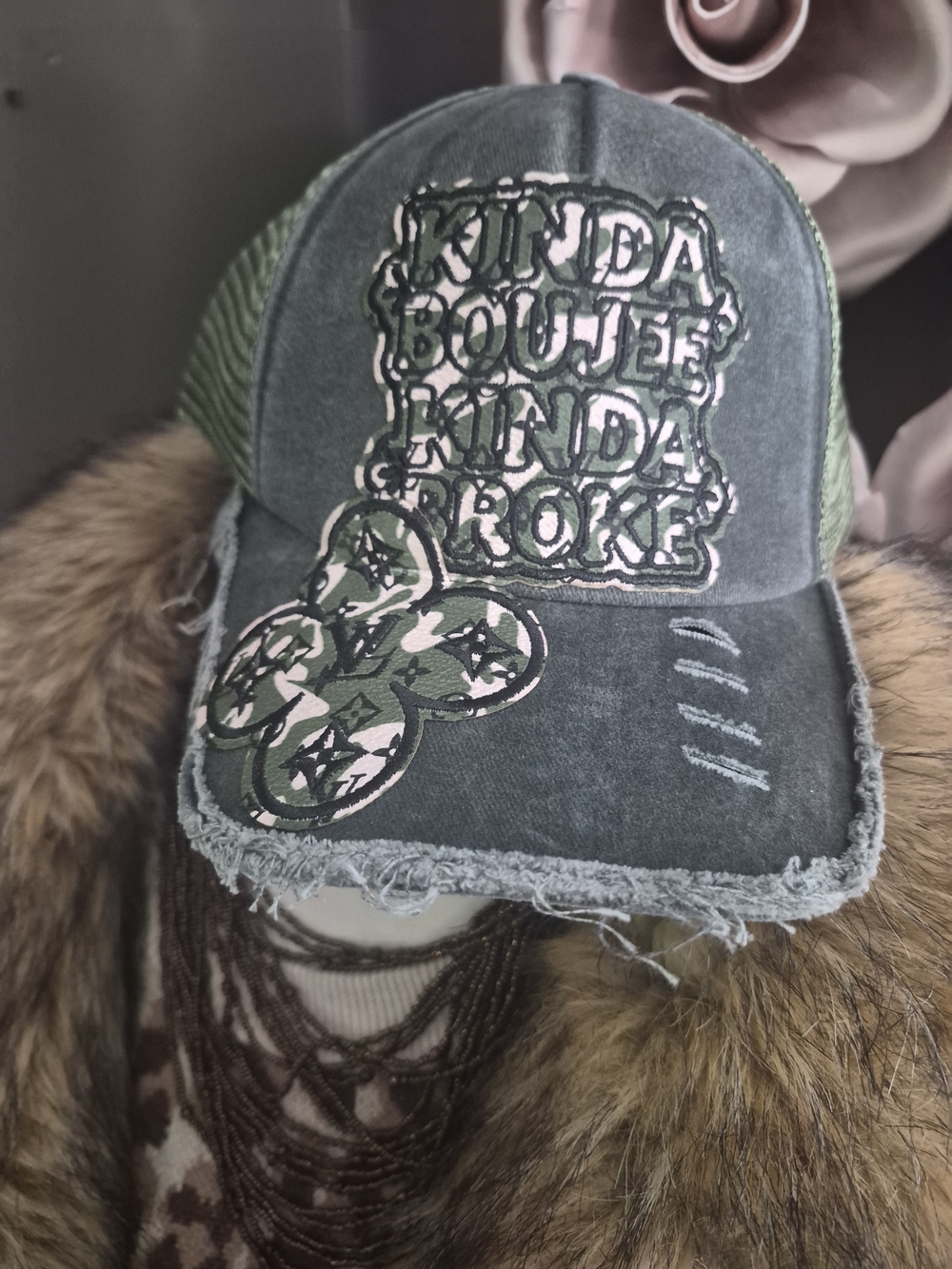 Kinda Boujee Kinda Broke Distressed Green Baseball Cap
